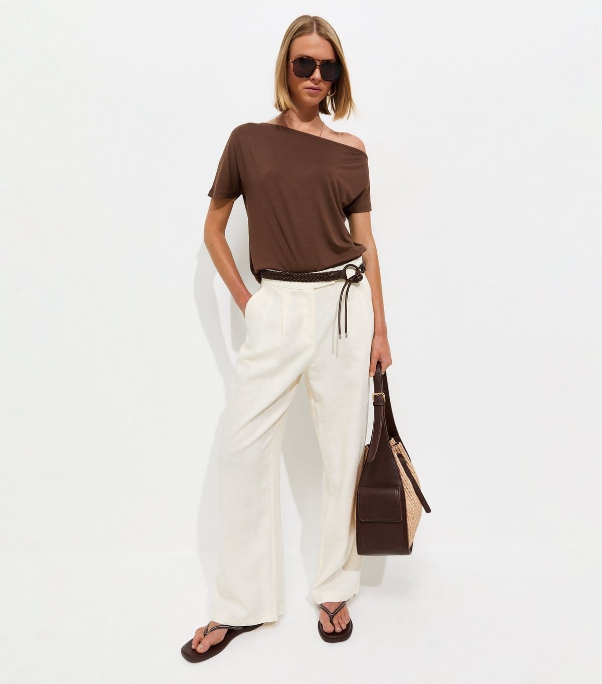 New Look Dark Brown Off-The-Shoulder T-Shirt