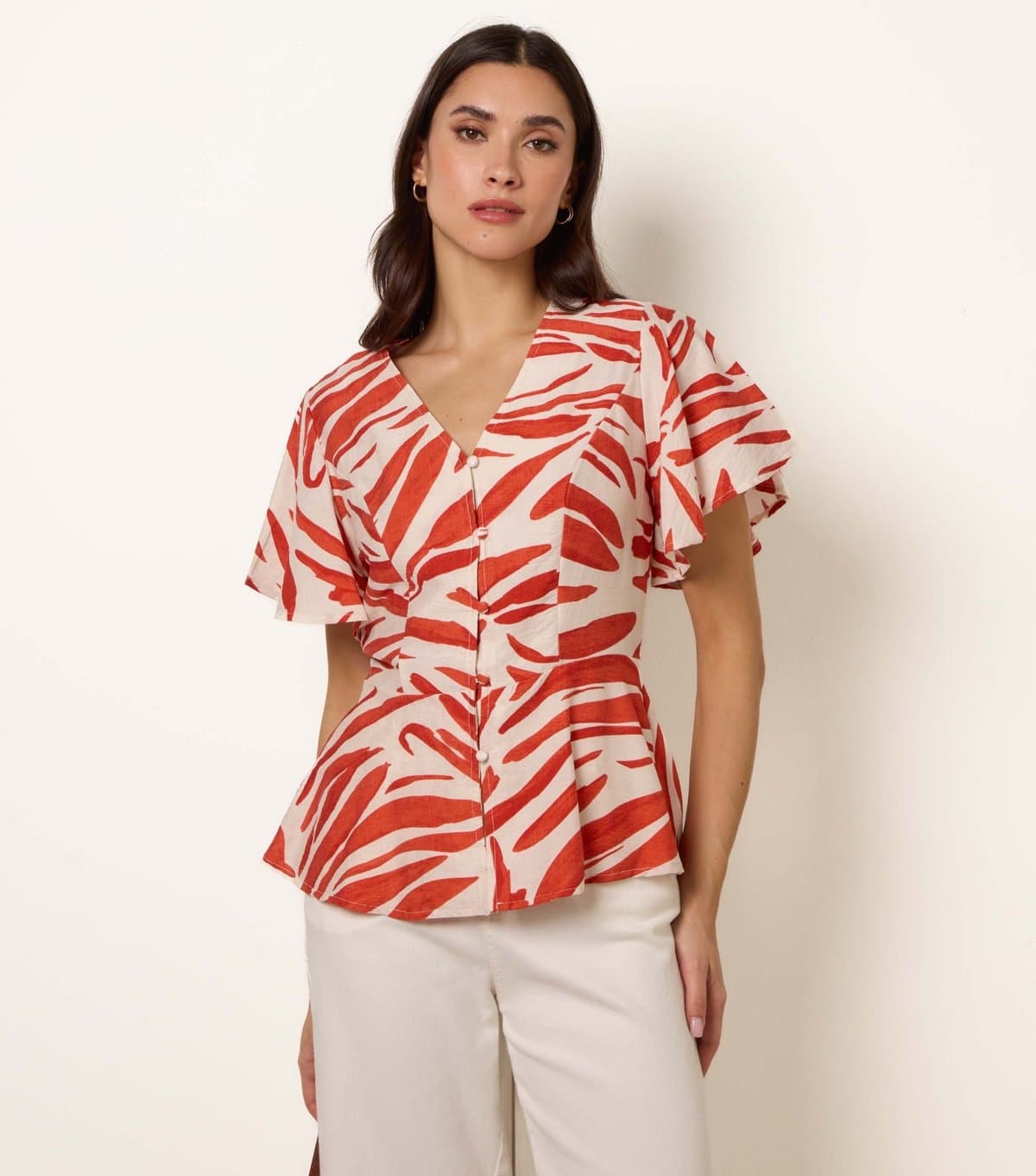 Blue Vanilla Women's Orange Brushstroke Peplum Top Blue Vanilla New Look