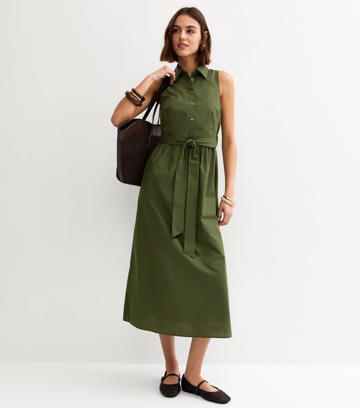 New Look Women's Khaki Sleeveless Button Up Midi Shirt Dress New Look