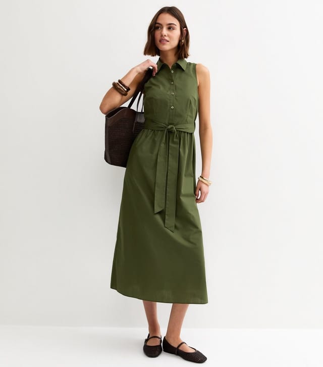 New Look Women's Khaki Sleeveless Button Up Midi Shirt Dress New Look - 2