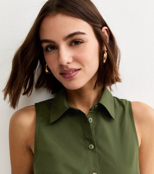 New Look Women's Khaki Sleeveless Button Up Midi Shirt Dress New Look - 3