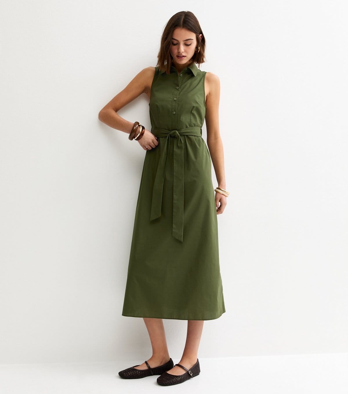 New Look Women's Khaki Sleeveless Button Up Midi Shirt Dress New Look - 4
