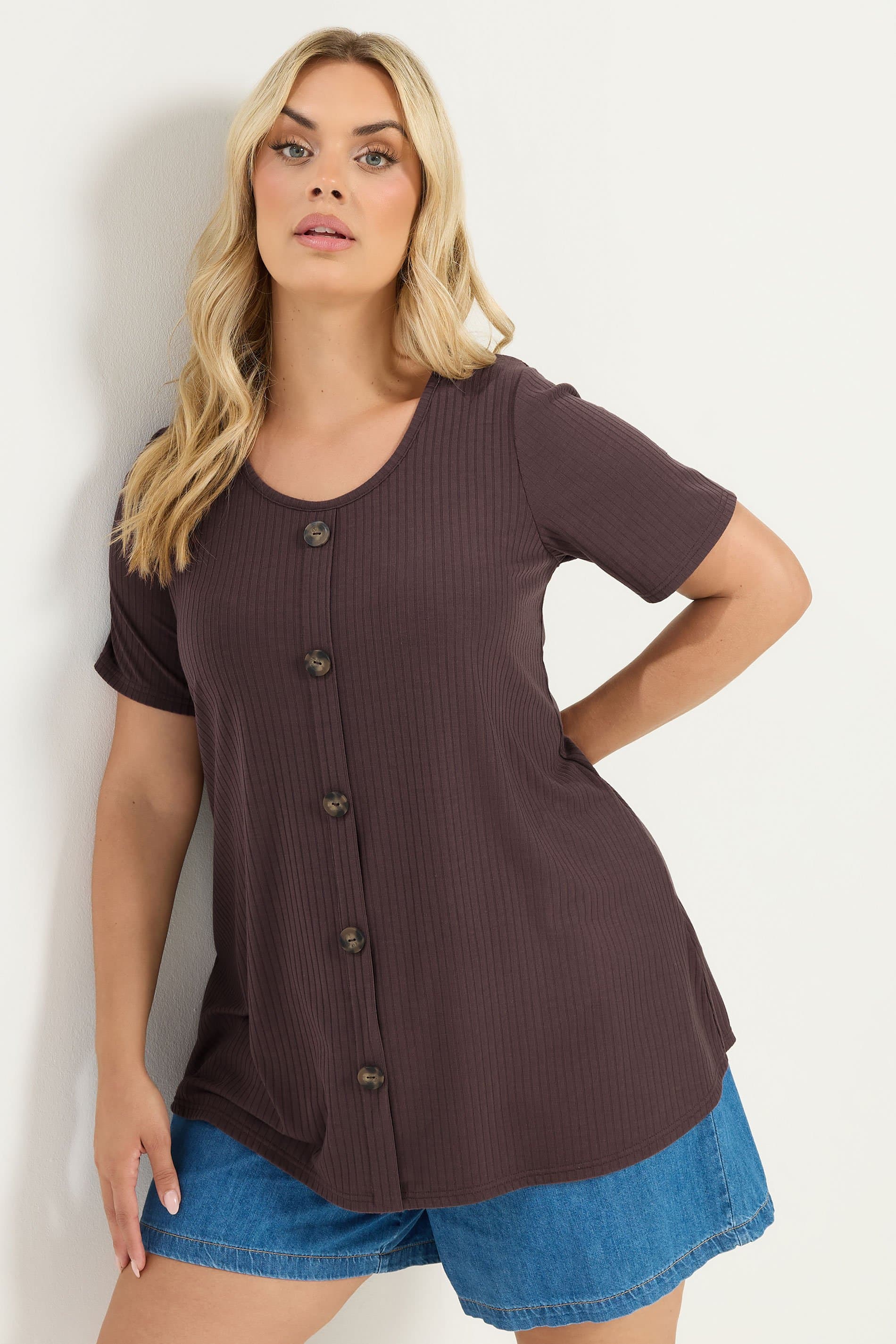 Yours Plus Size Brown Ribbed Short Sleeve Tshirt