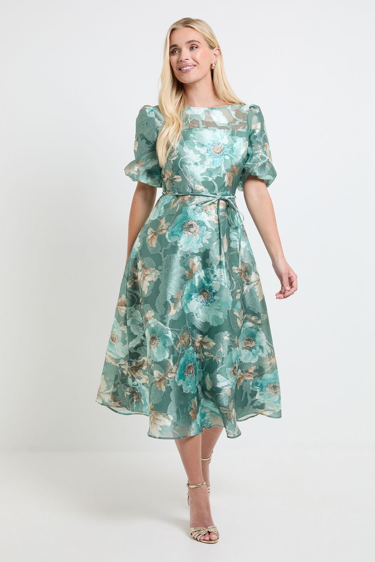 Wallis Wallis Women's Petite Floral Organza Puff Sleeve Midi Dress in Sage