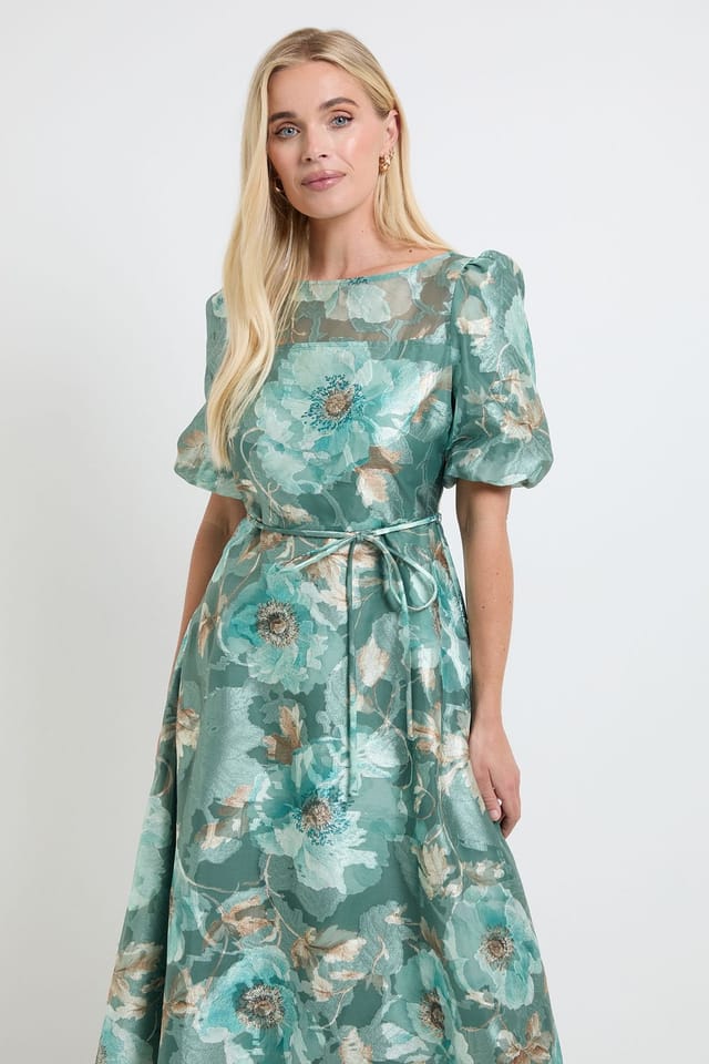 Wallis Wallis Women's Petite Floral Organza Puff Sleeve Midi Dress in Sage - 2