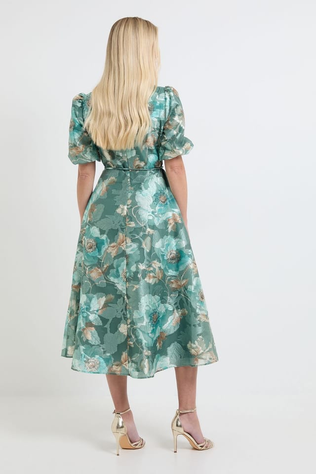 Wallis Wallis Women's Petite Floral Organza Puff Sleeve Midi Dress in Sage - 3