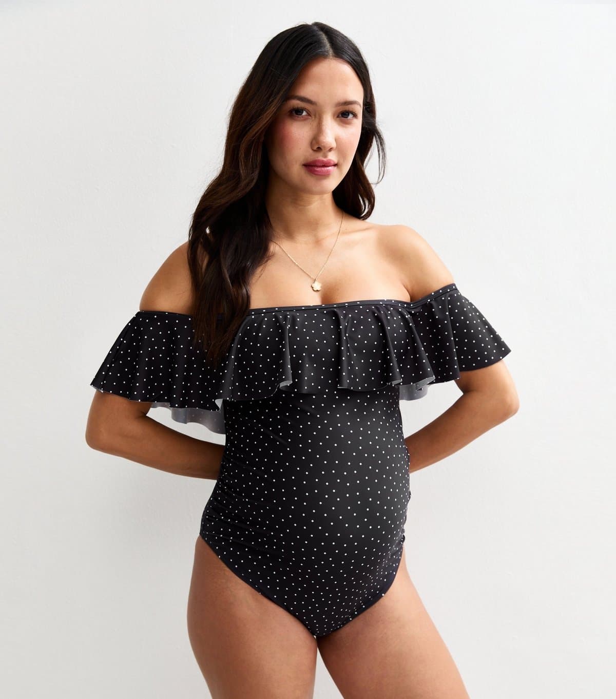 New Look Women's Maternity Black Polka Dot Frilly Trim Swimsuit New Look