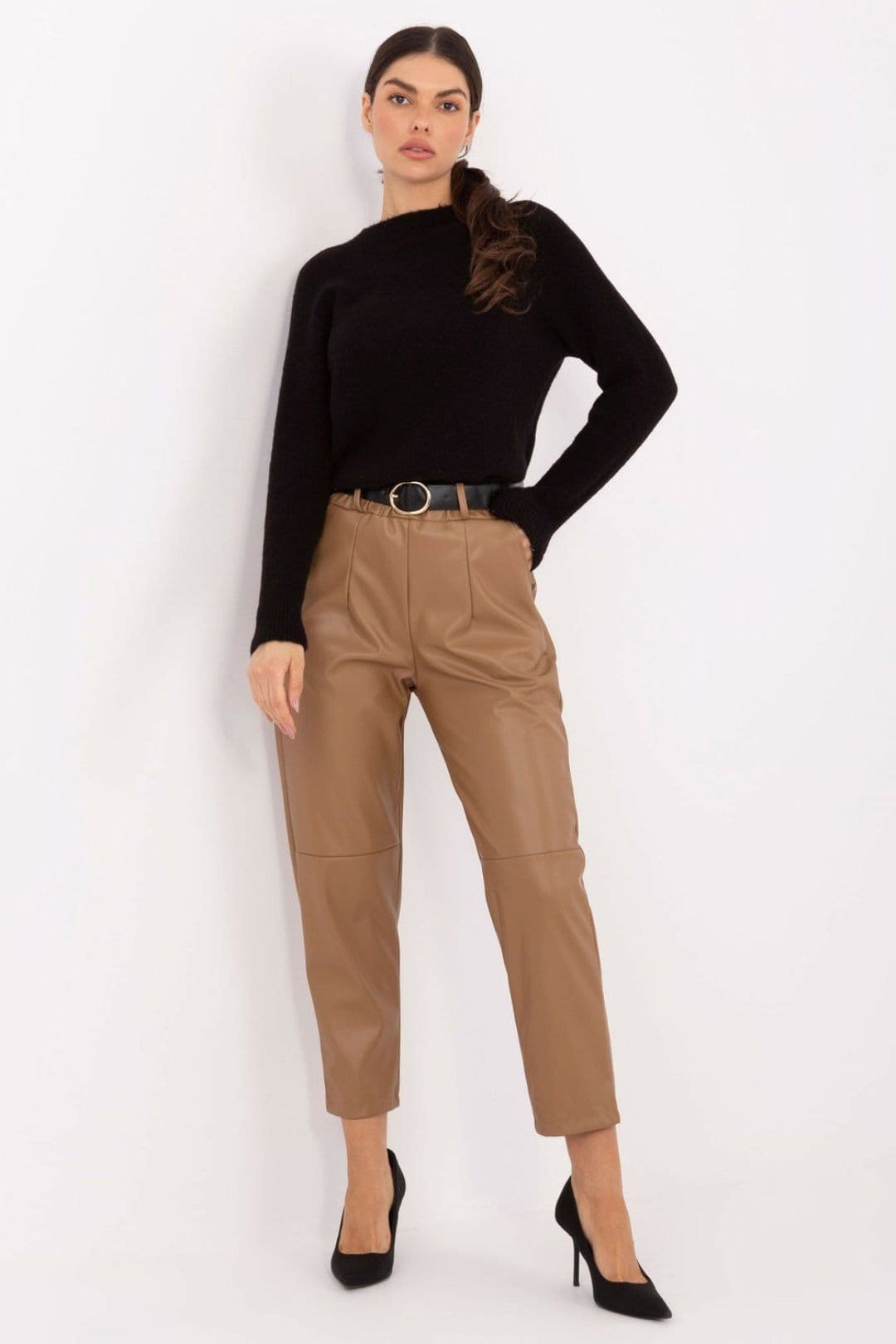 Love Lace Brown Leatherette Tapered Trousers with Elastic Waist