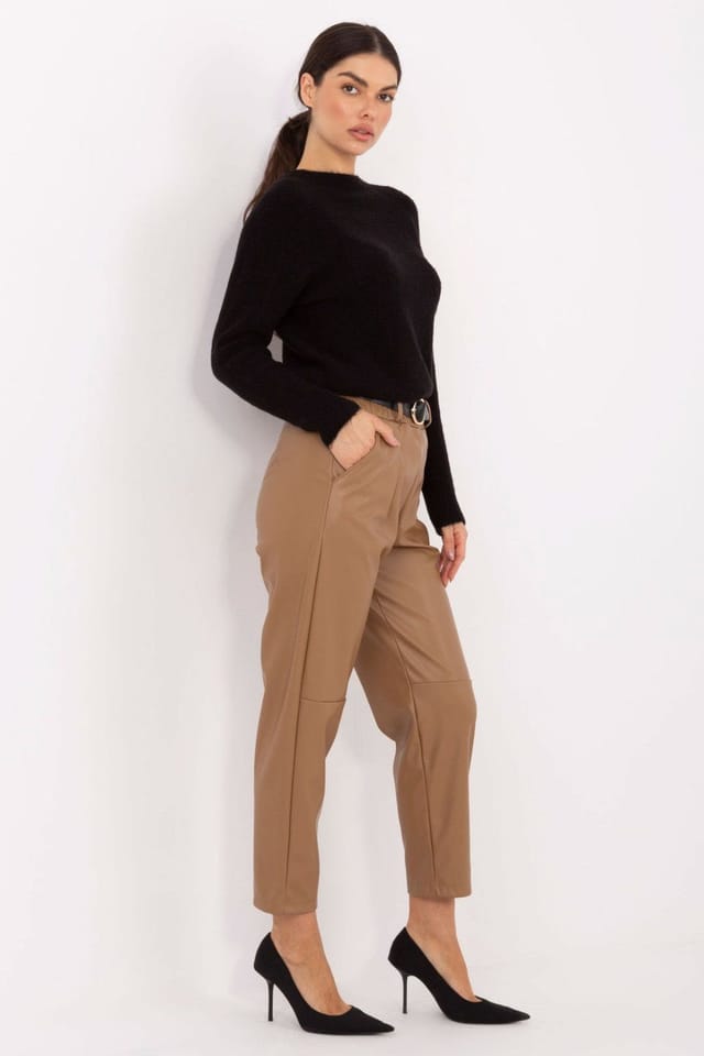 Love Lace Love Lace Women's Leatherette Tapered Trousers with Elastic Waist in Brown - 2