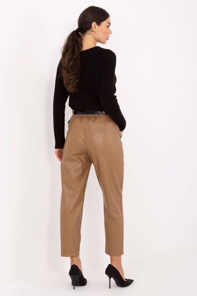 Love Lace Love Lace Women's Leatherette Tapered Trousers with Elastic Waist in Brown - 3