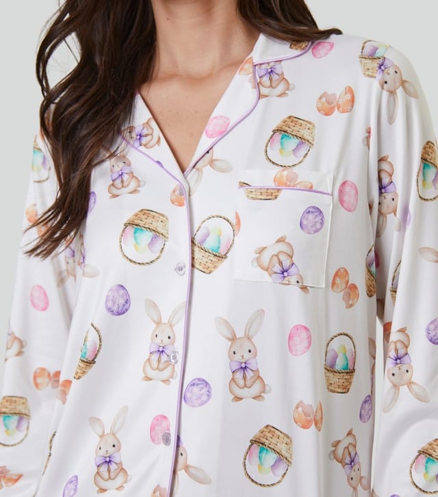Loungeable Women's White Easter Bunny Print Long Sleeve Shirt and Trouser Pyjama Set Loungeable New Look - 2