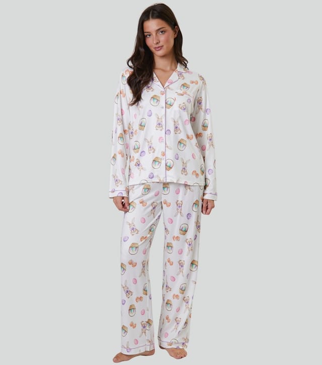 Loungeable Women's White Easter Bunny Print Long Sleeve Shirt and Trouser Pyjama Set Loungeable New Look - 3