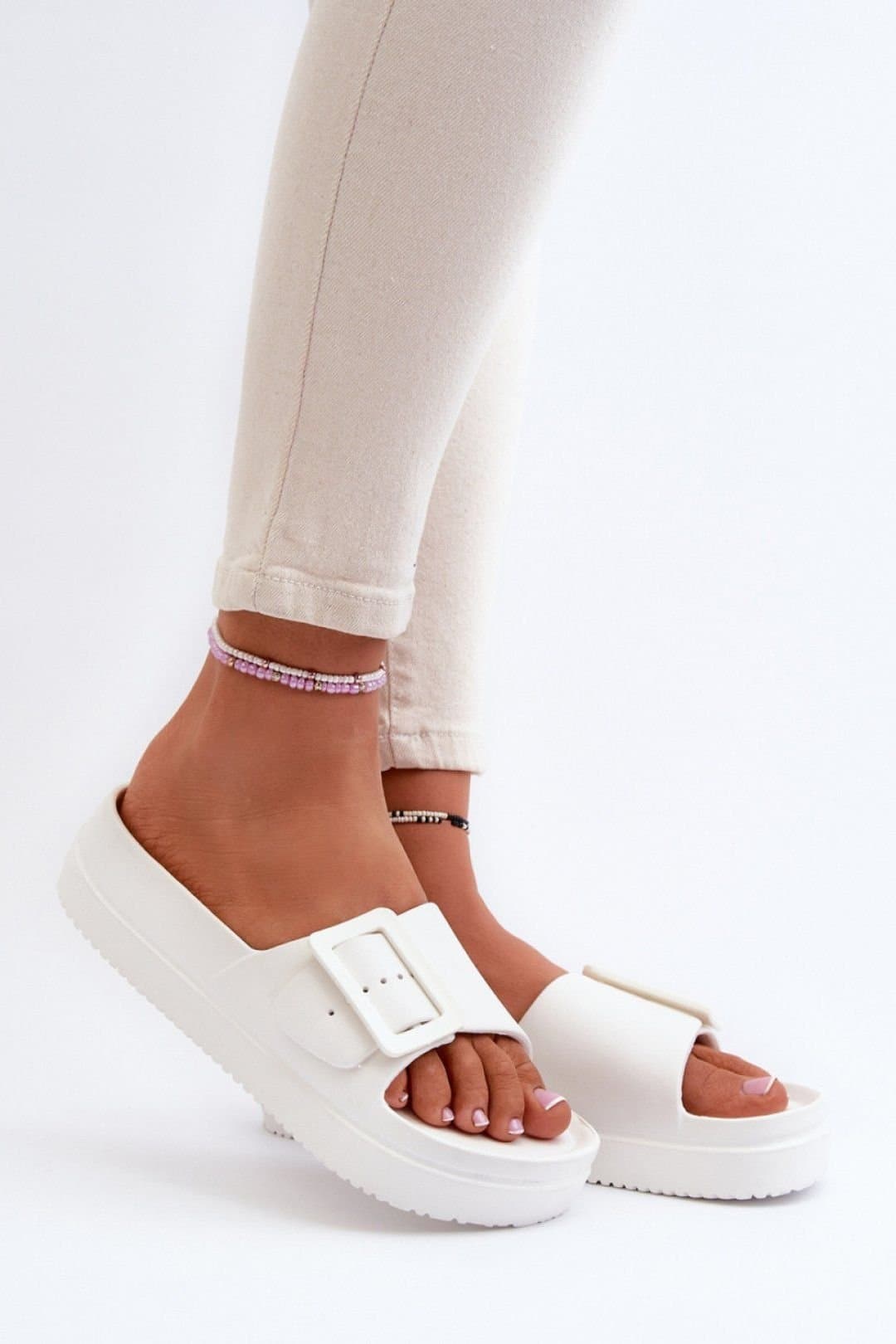 Love Lace Love Lace Women's Platform Flip Flops with Buckle Strap Lightweight Foam Summer in White