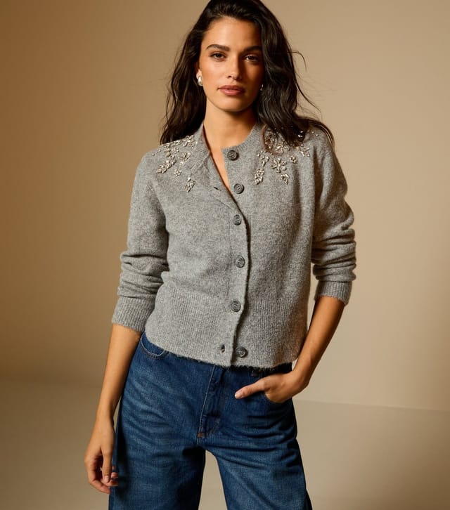 New Look Women's Grey Diamante Floral Embellished Crew Neck Cardigan New Look - 2