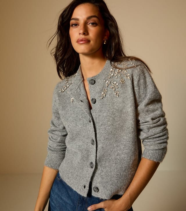 New Look Women's Grey Diamante Floral Embellished Crew Neck Cardigan New Look - 3