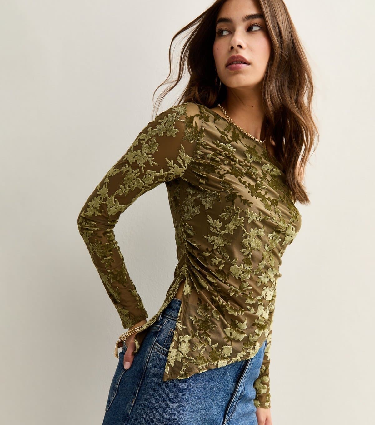 New Look Women's Green Velvet Devore Long Sleeve Top New Look