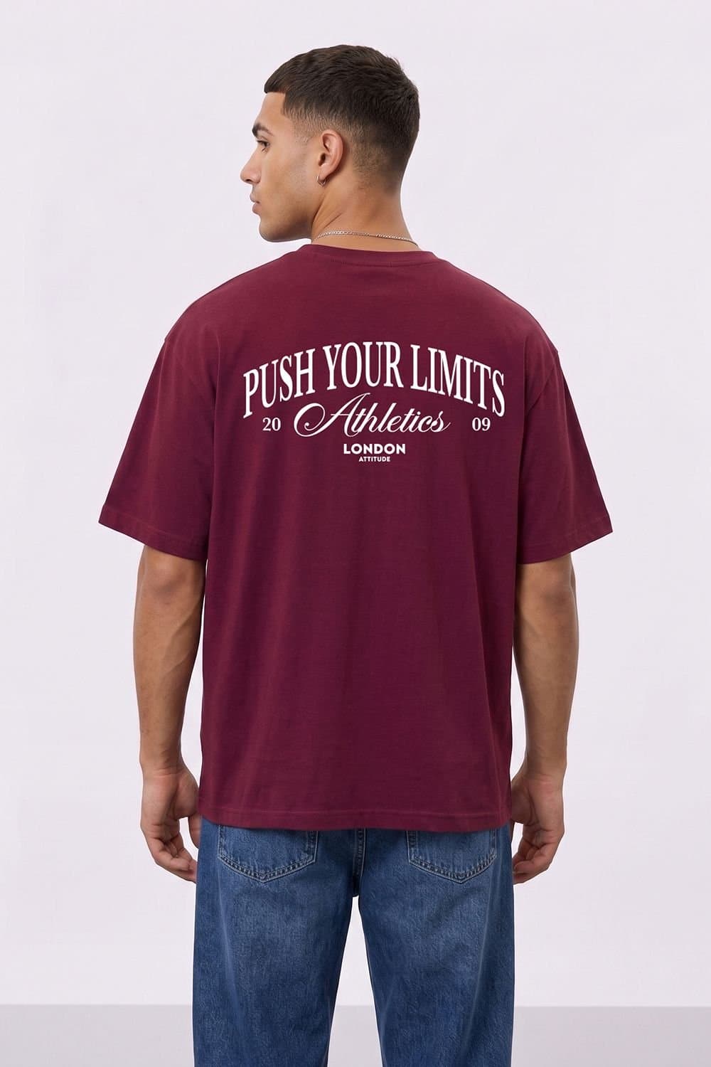 LONDON ATTITUDE LONDON ATTITUDE Men's Push Your Limits Oversized Heavyweight T-Shirt in Burgundy