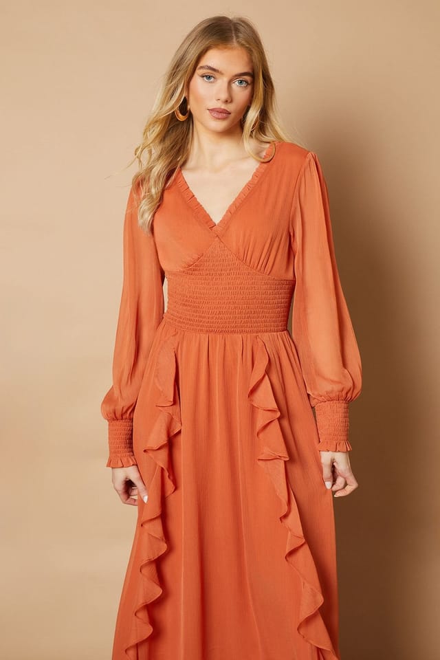 Oasis Oasis Women's Plain Ruffle Detail Shirred Waist Midaxi Dress in Ginger - 2