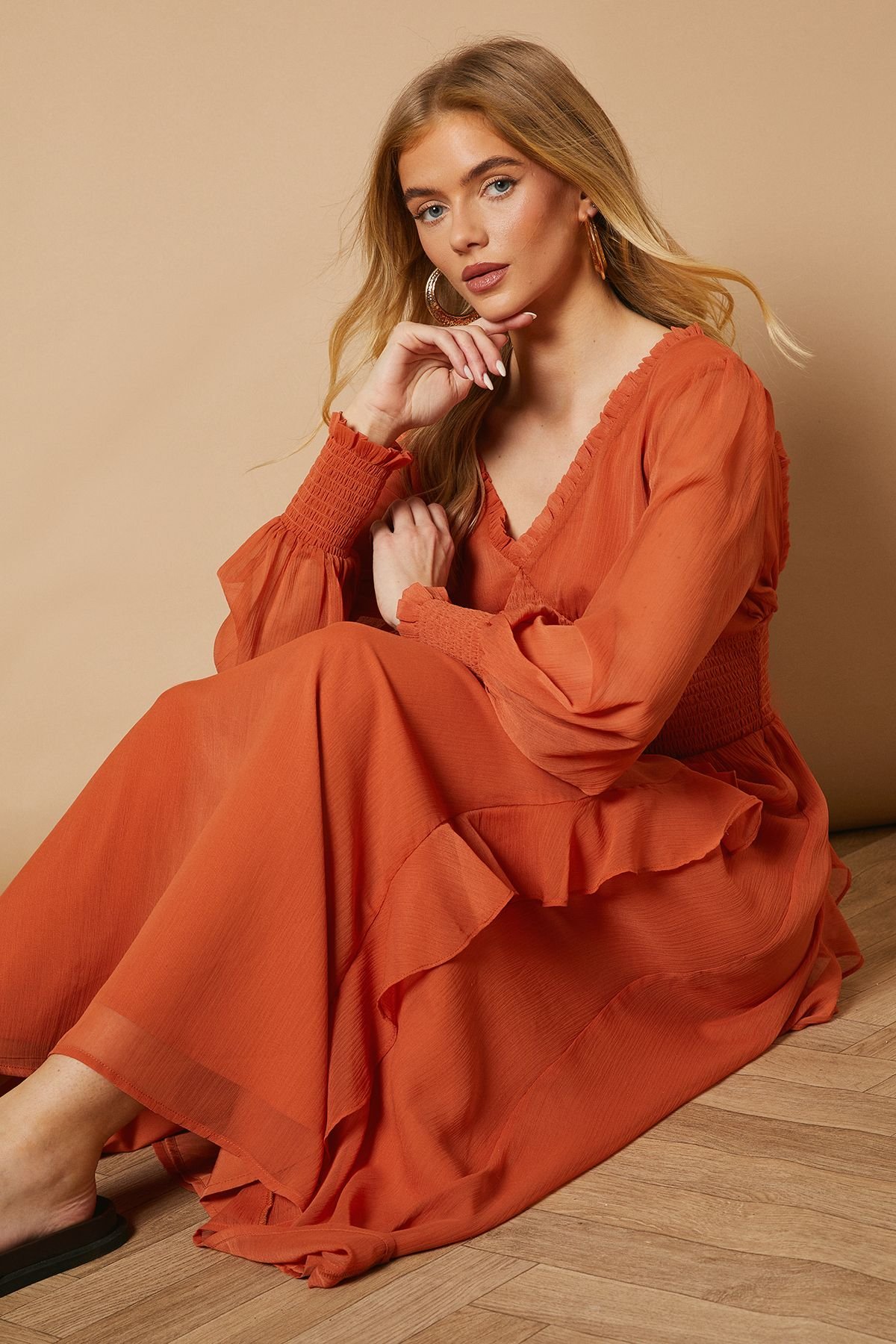 Oasis Oasis Women's Plain Ruffle Detail Shirred Waist Midaxi Dress in Ginger - 3