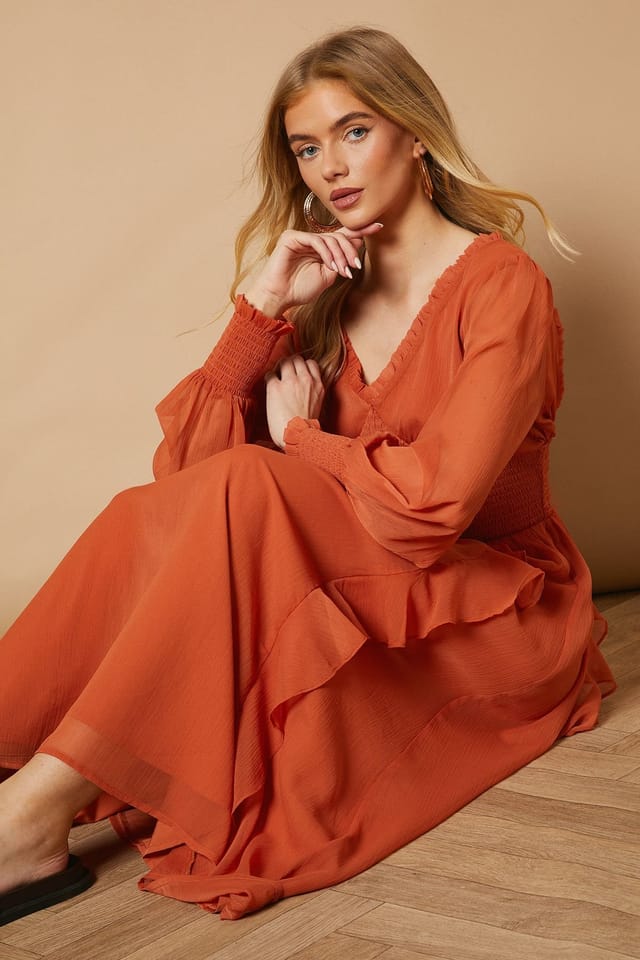 Oasis Oasis Women's Plain Ruffle Detail Shirred Waist Midaxi Dress in Ginger - 3
