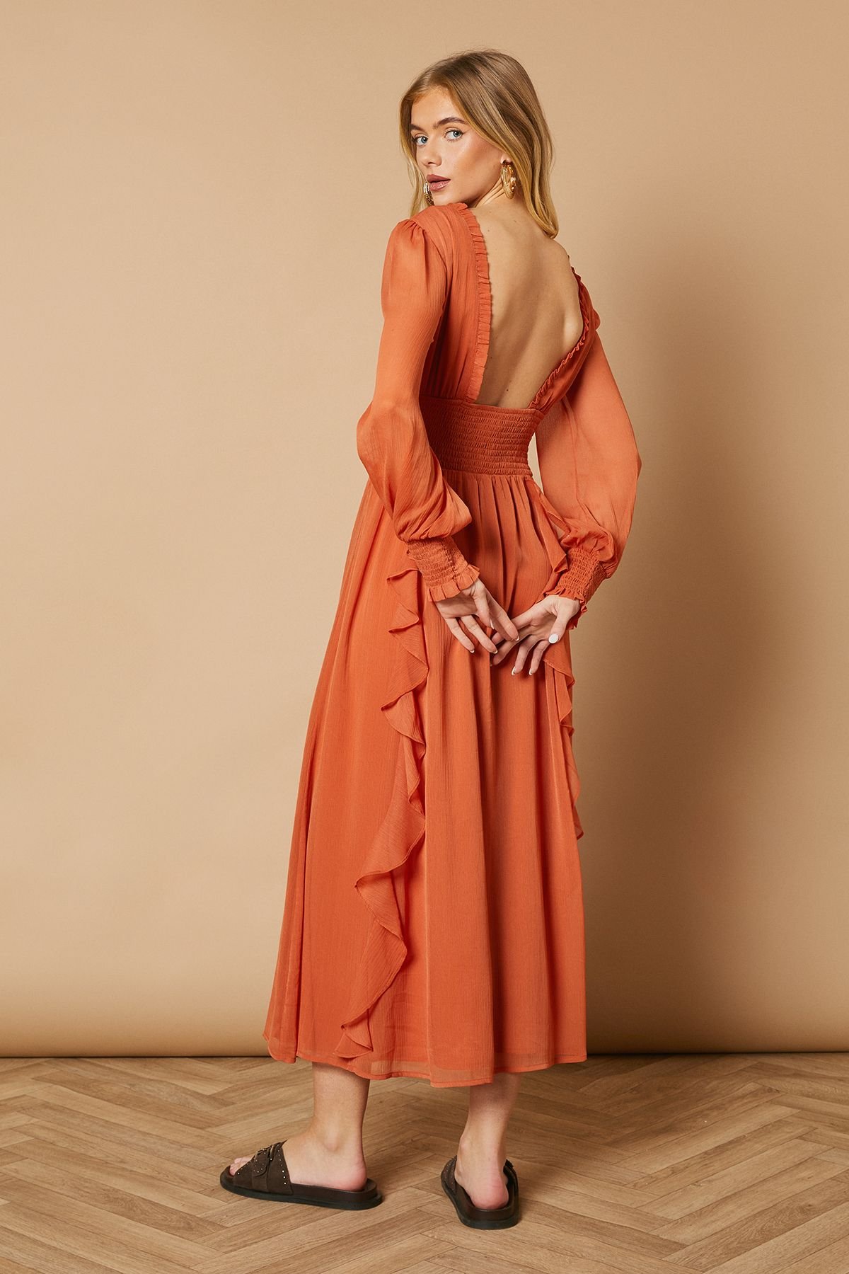 Oasis Oasis Women's Plain Ruffle Detail Shirred Waist Midaxi Dress in Ginger - 4