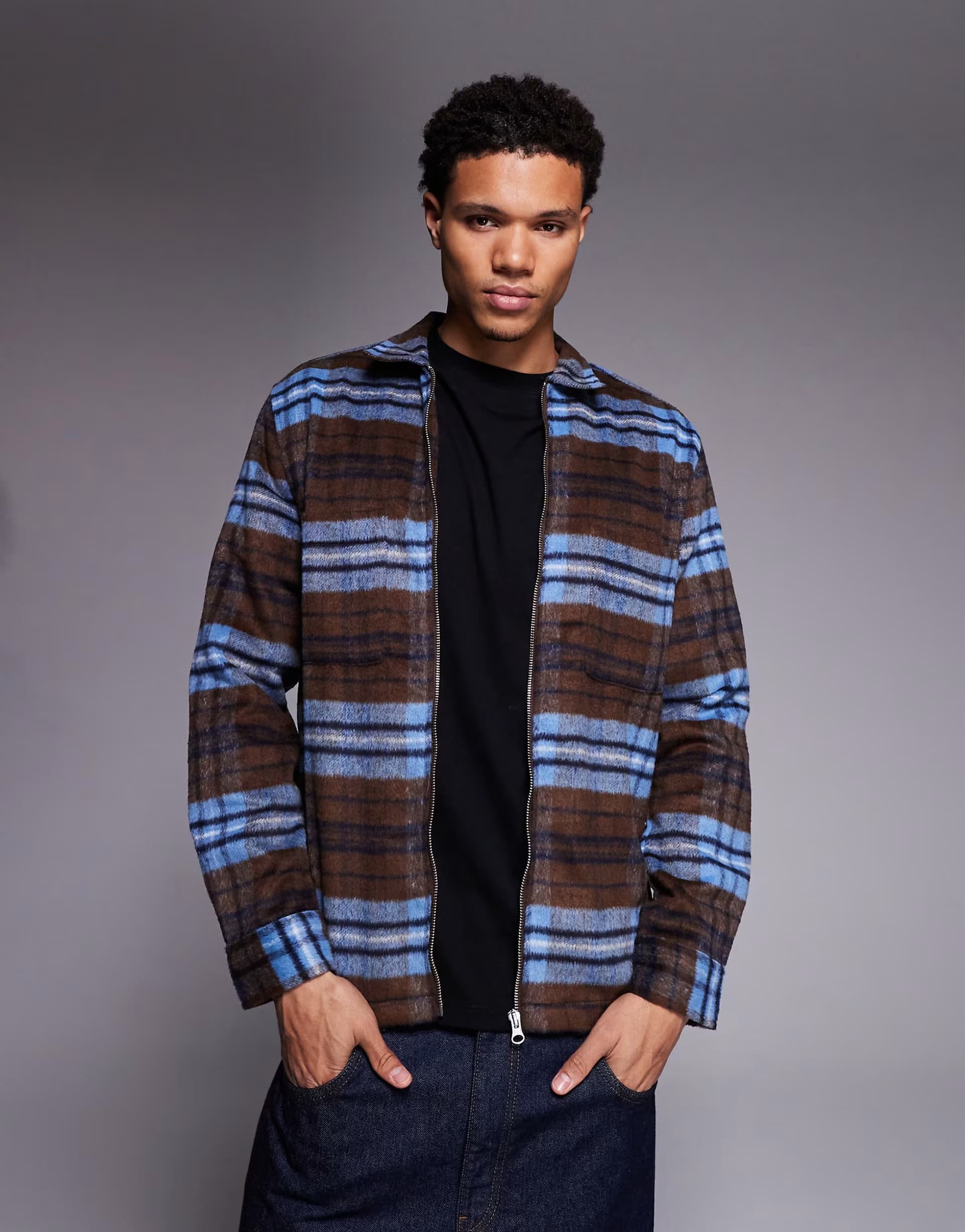 ASOS ASOS DESIGN zip through overshirt in brown check
