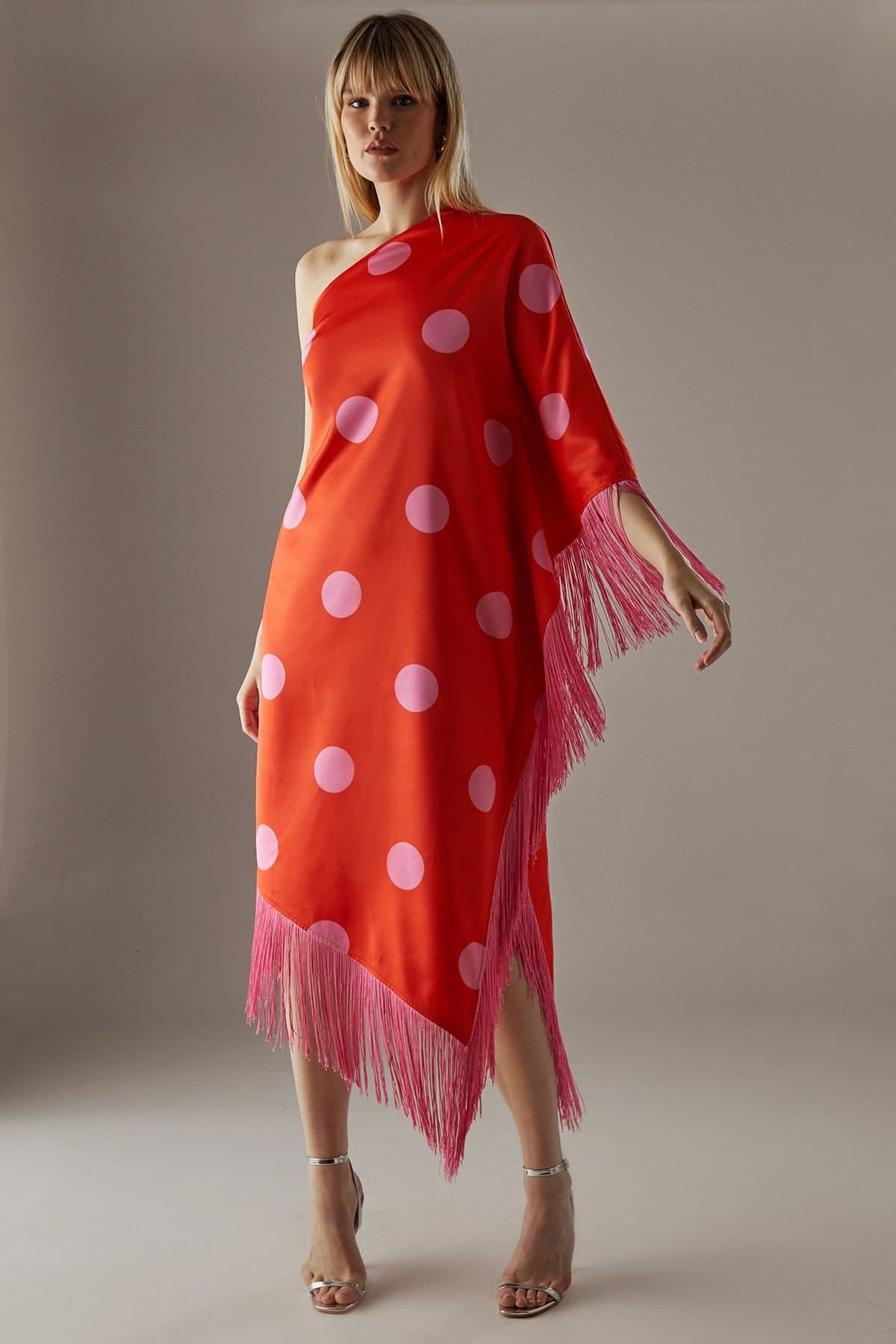 Warehouse Warehouse Women's Premium Fringe Trim One Shoulder Midi Dress in Coral Pink
