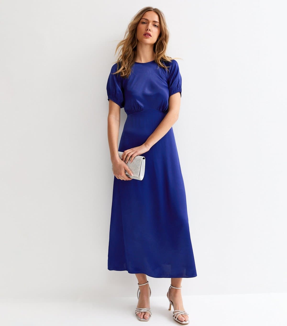 New Look Women's Blue Satin Puff Sleeve Midi Dress New Look