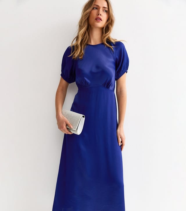 New Look Women's Blue Satin Puff Sleeve Midi Dress New Look - 3