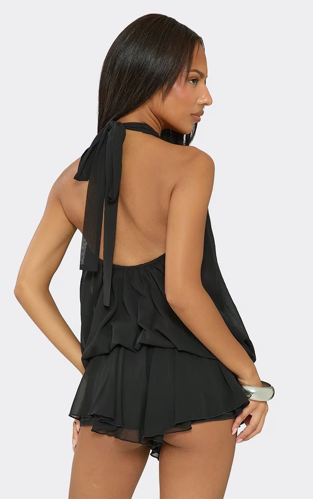 EGO High Neck Blouson Floaty Playsuit In Black, Women's Size UK 6