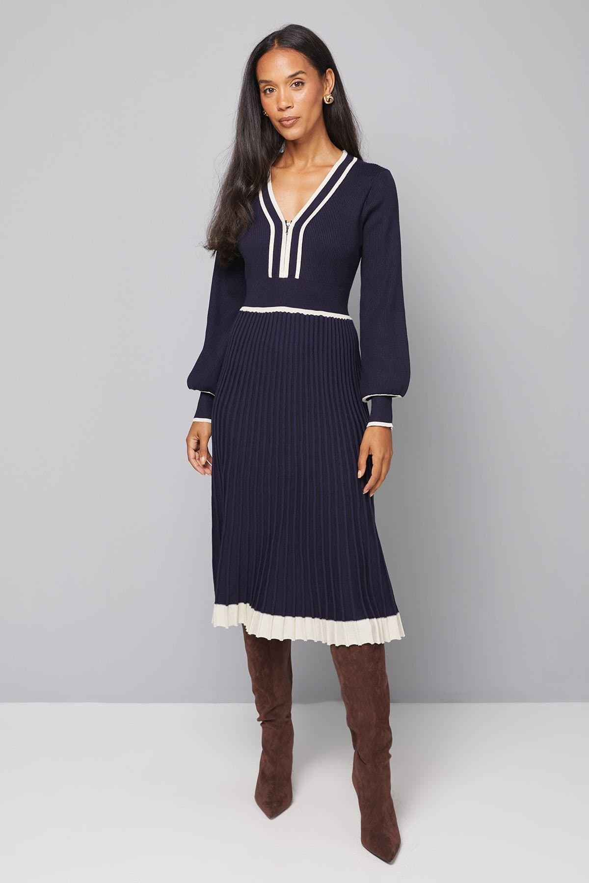 Wallis Wallis Women's Zip Front Pleated Knitted Midi Dress in Navy
