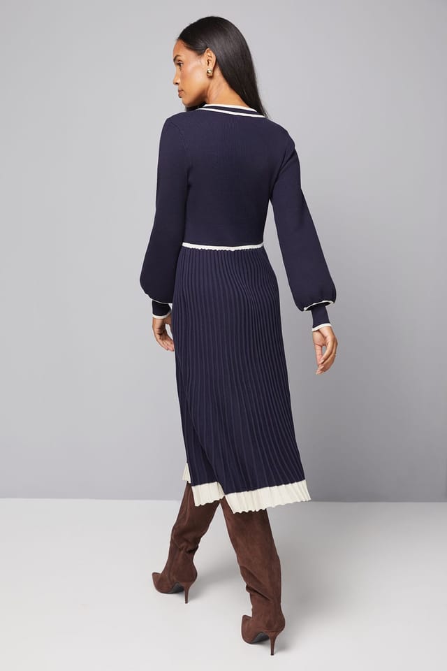 Wallis Wallis Women's Zip Front Pleated Knitted Midi Dress in Navy - 3
