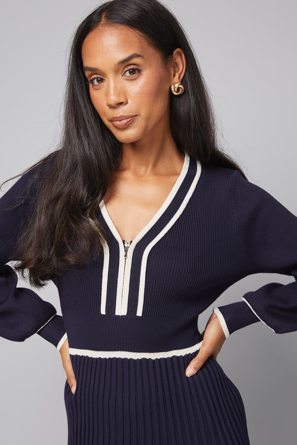 Wallis Wallis Women's Zip Front Pleated Knitted Midi Dress in Navy - 4