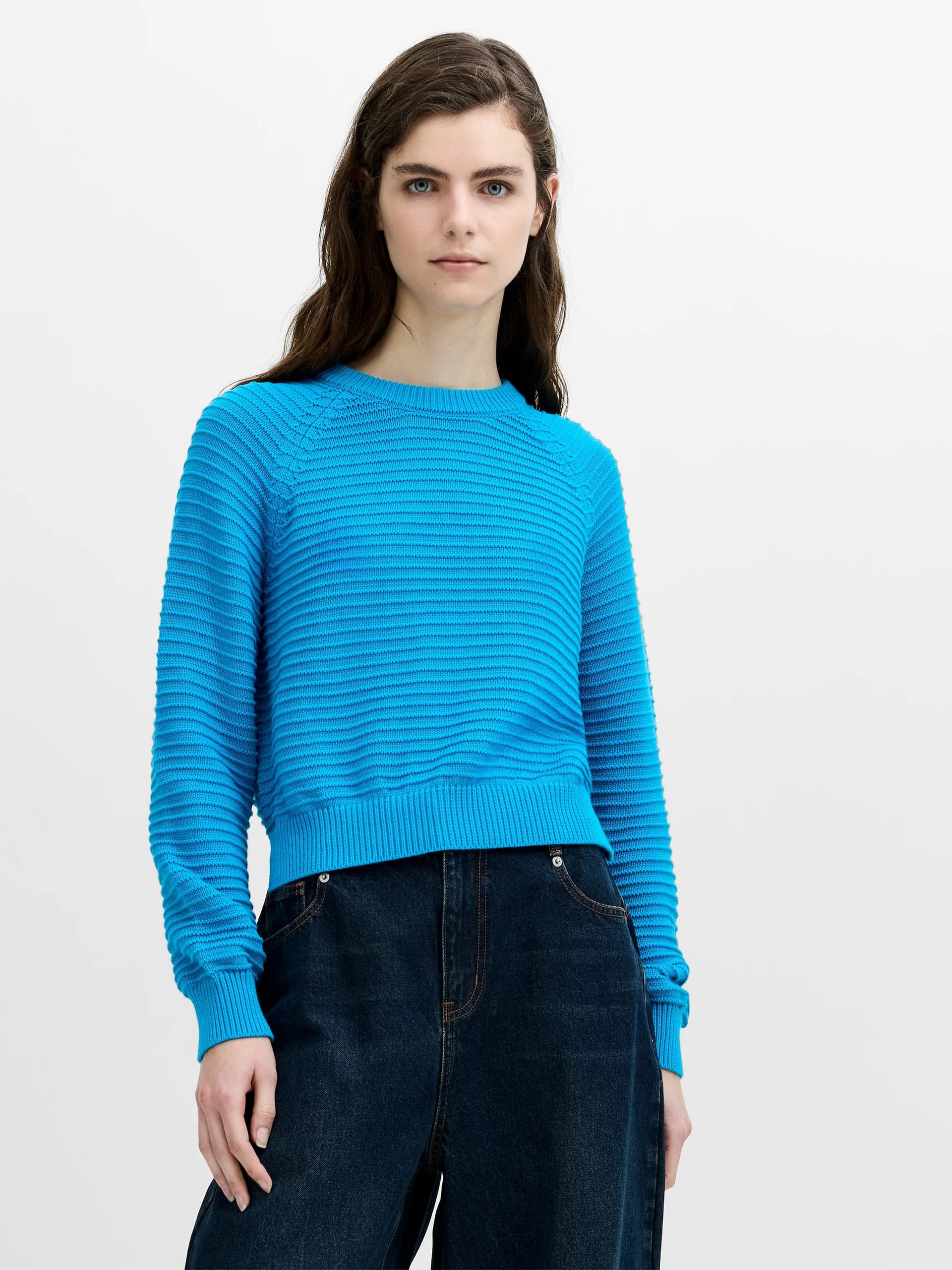 French Connection Lily Mozart Blue Purl Knit Jumper Pacific Blue