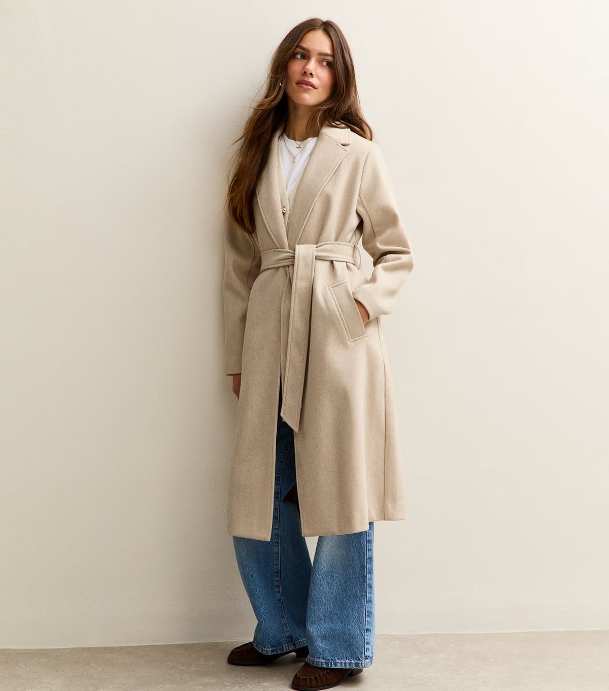 New Look Women's Petite Cream Open Front Longline Belted Coat New Look