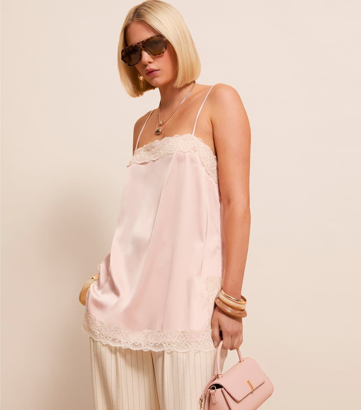 New Look New Look Pink Satin Lace Trim Longline Cami Top