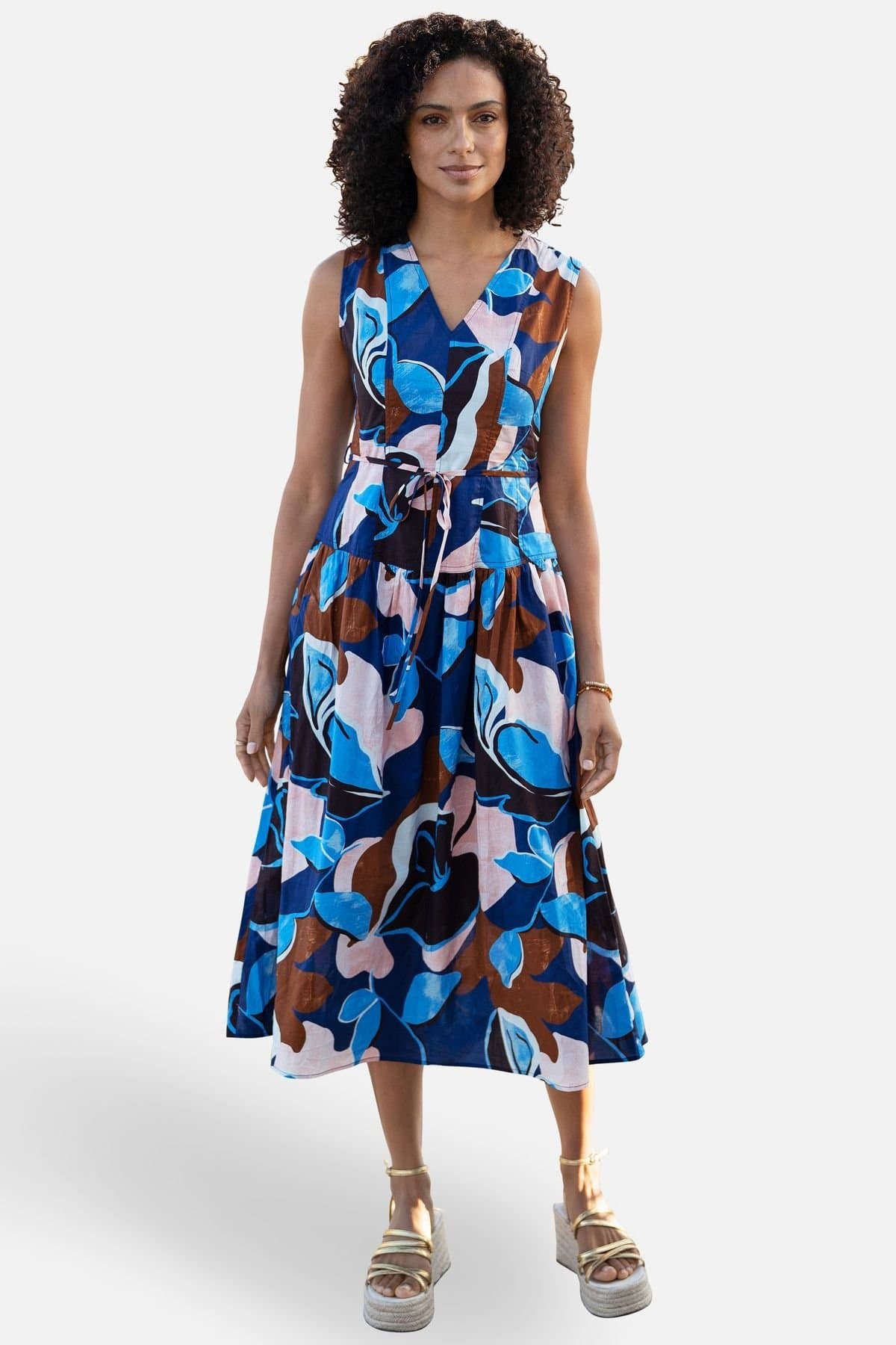 Yumi Yumi Women's Cotton Floral Abstract Dropped Waist Midi Dress in Bright Blue