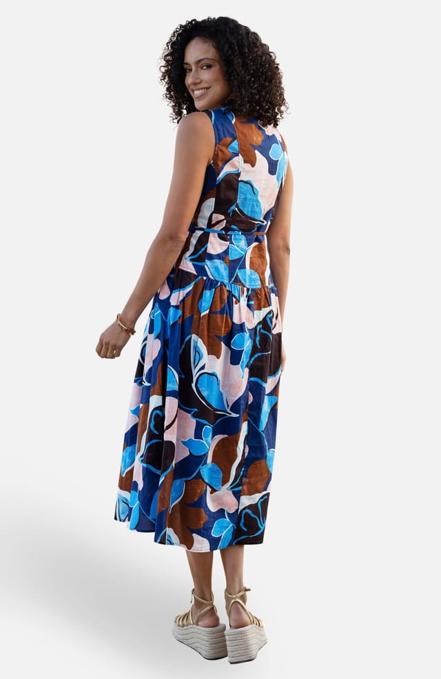 Yumi Yumi Women's Cotton Floral Abstract Dropped Waist Midi Dress in Bright Blue - 2