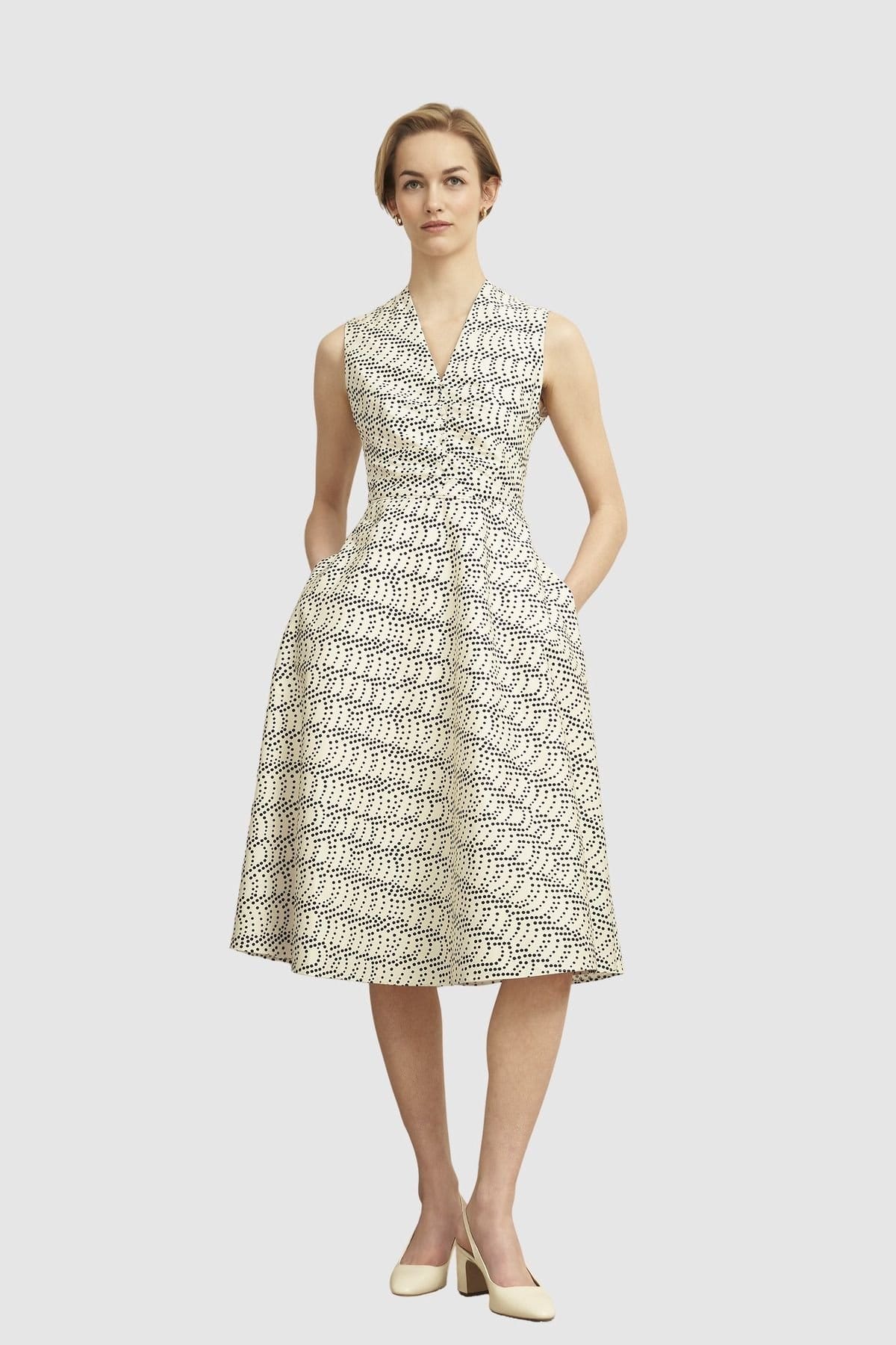 Hobbs London Cream V-Neck Fit-Flare Dress