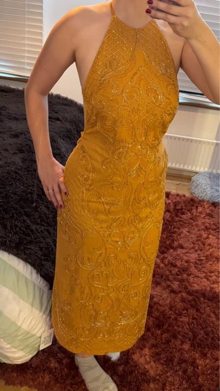 ASOS Mustard Yellow Embroidered Backless ASOS Wedding Guest Occasion Dress