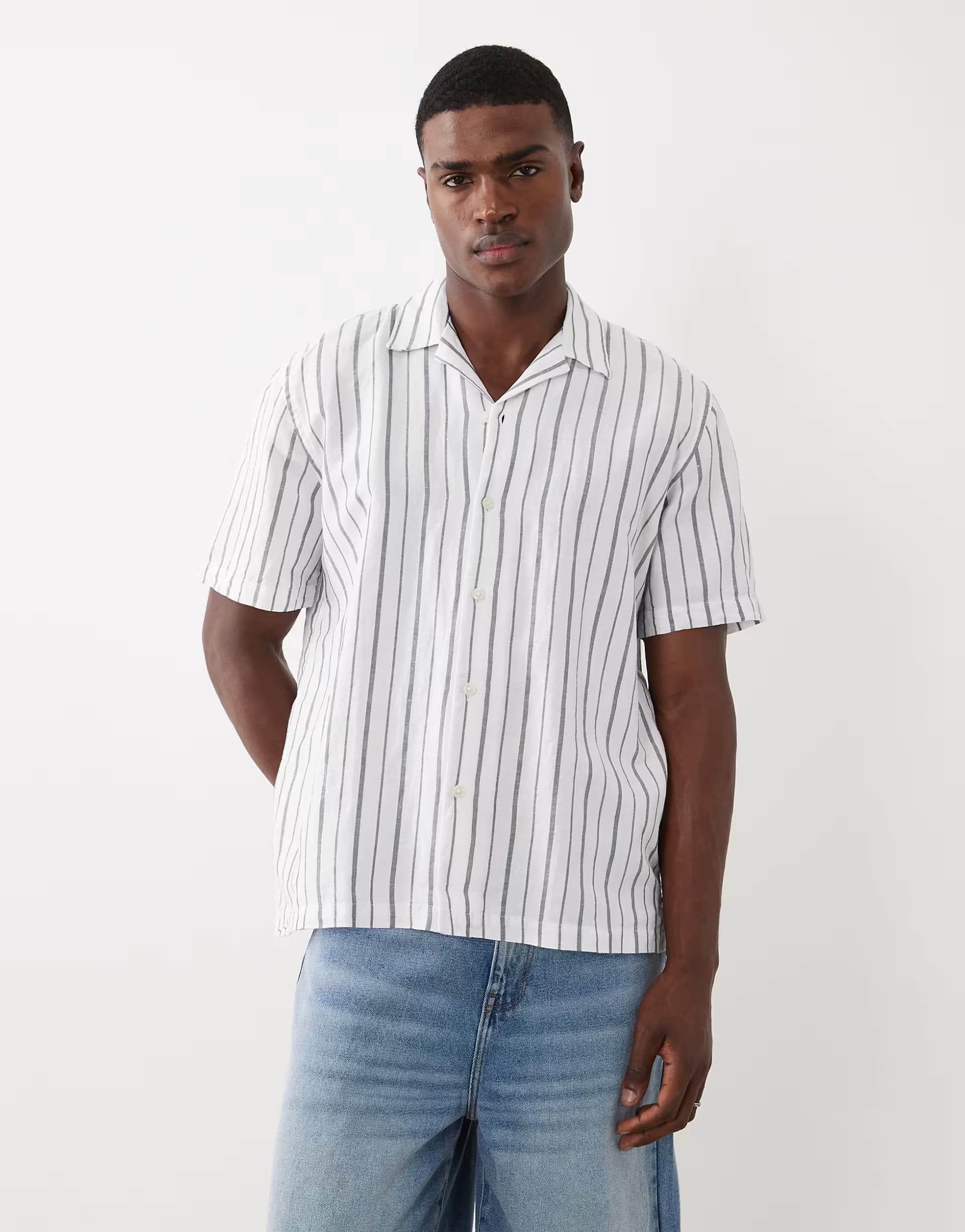 ASOS Selected linen blend short sleeve shirt in green stripe