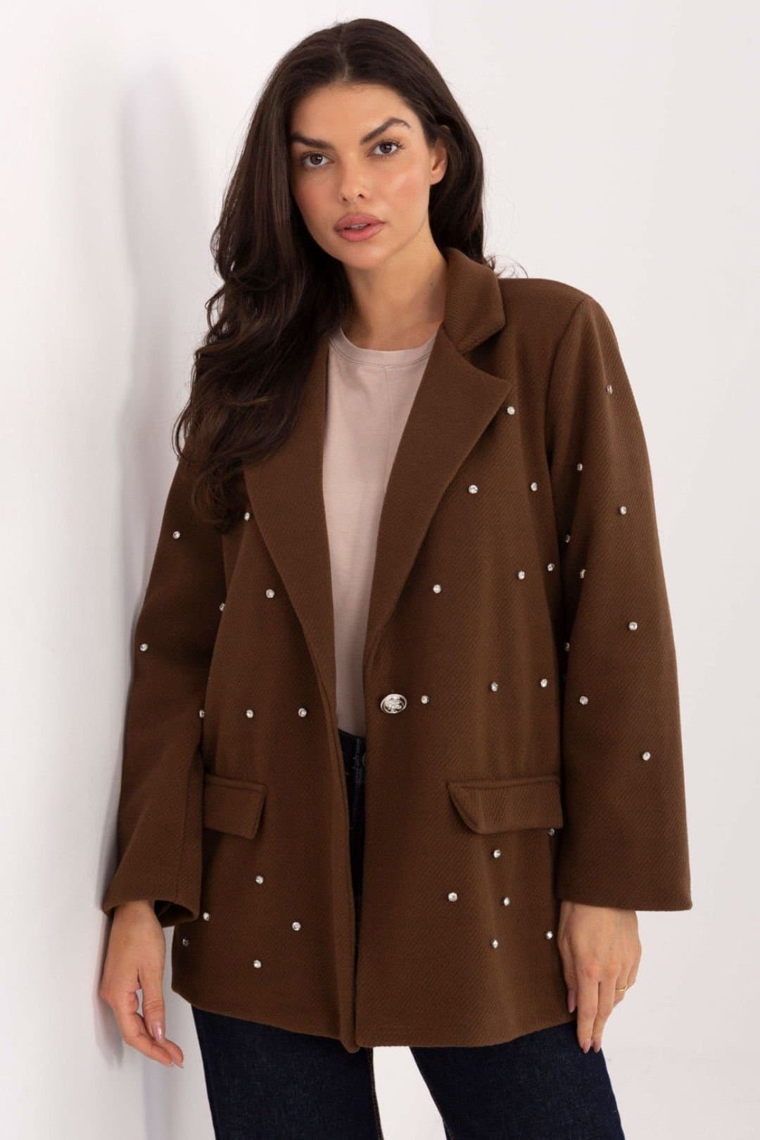Love Lace Love Lace Women's Italian Moda Embellished Blazer with Zircon Shine in Brown