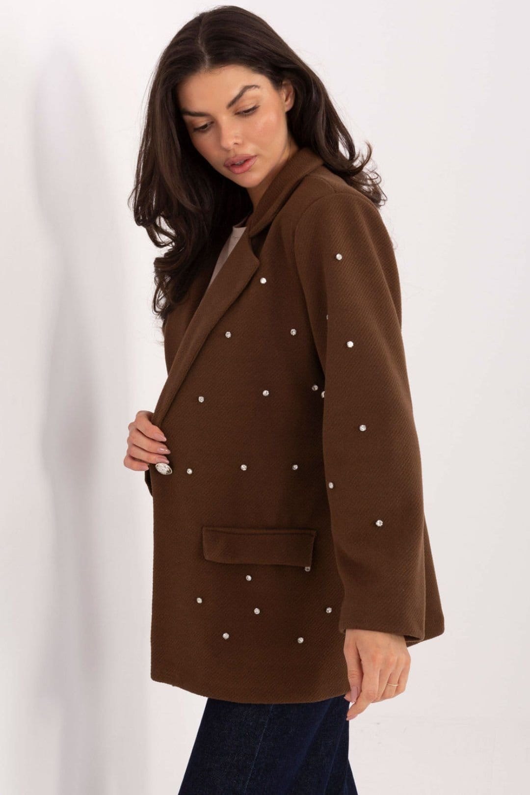 Love Lace Love Lace Women's Italian Moda Embellished Blazer with Zircon Shine in Brown - 4