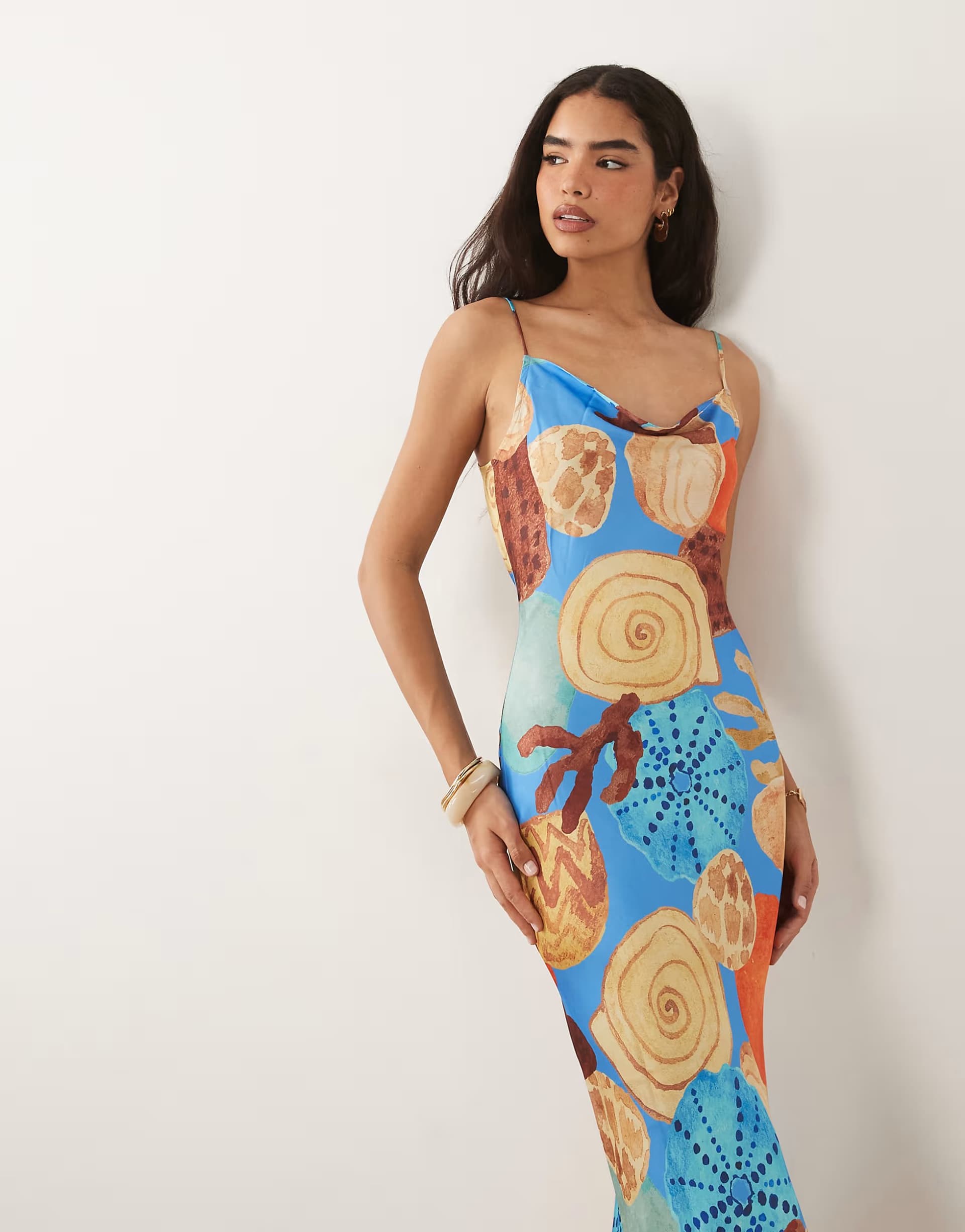 ASOS Never Fully Dressed Patti satin cami bias midi dress in shell print 