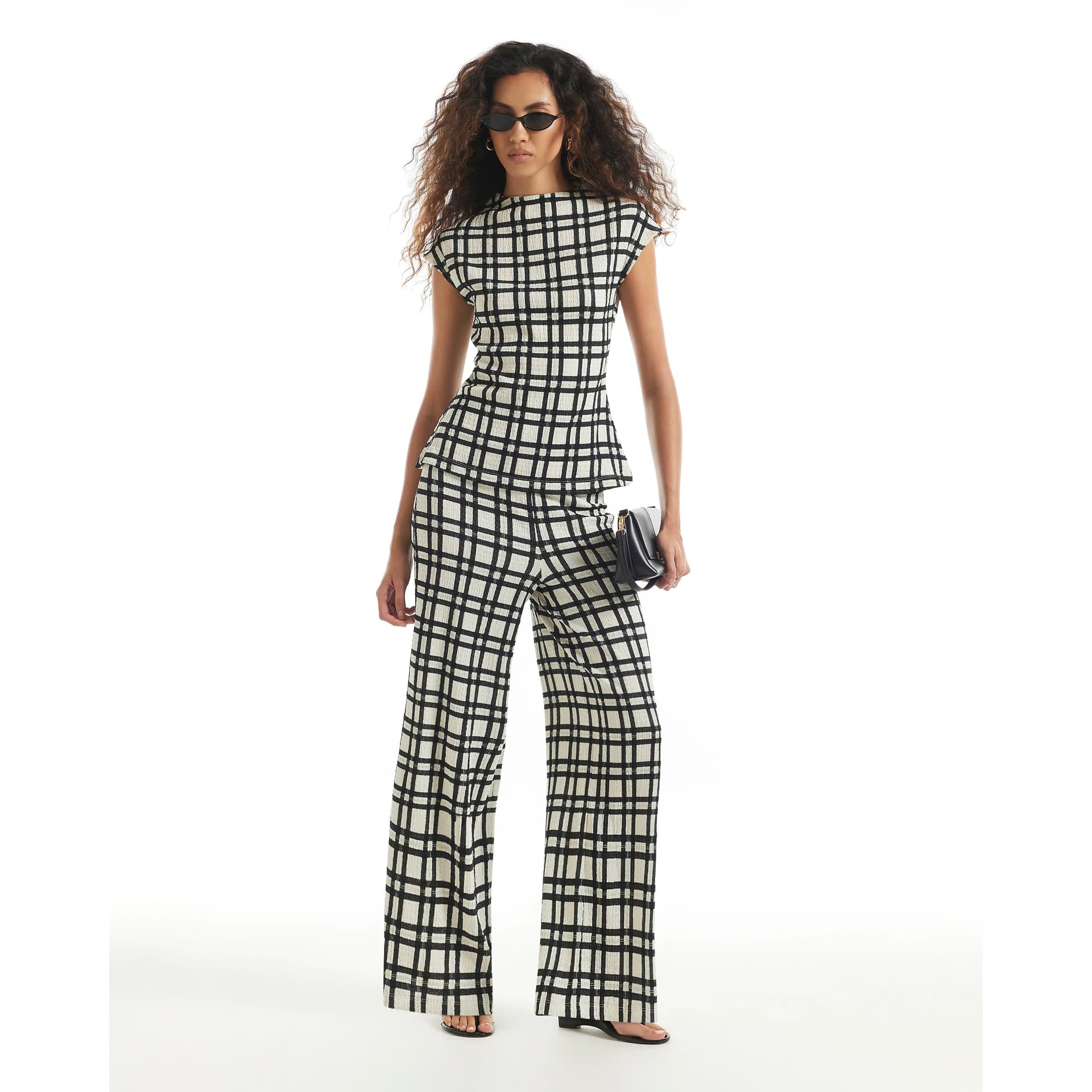 River Island River Island Womens Cream Check Textured Wide Leg Trousers
