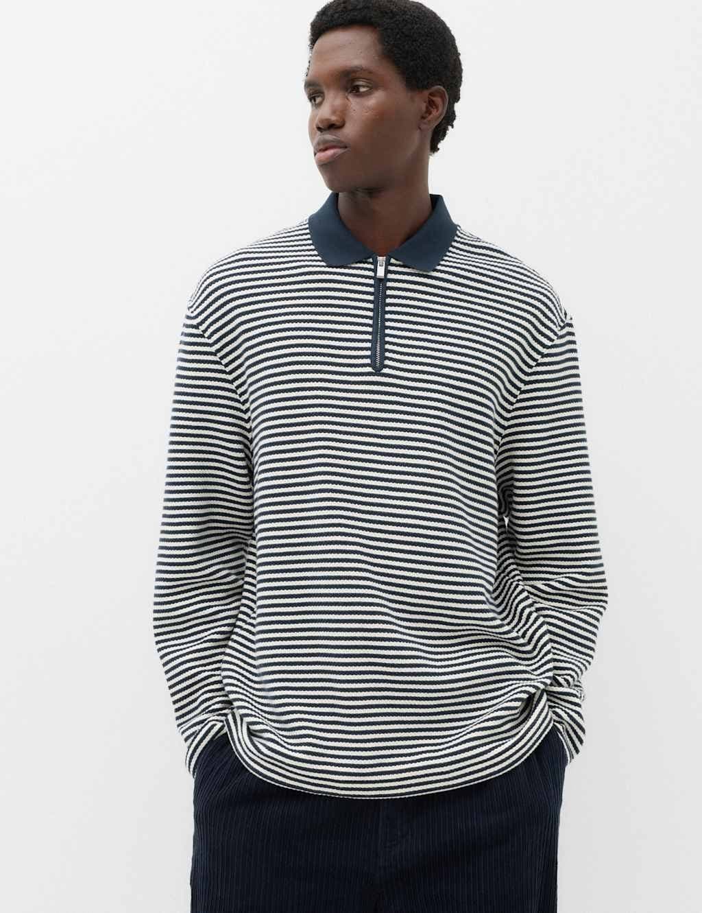 Marks & Spencer M&S Pure Cotton Half Zip Striped Polo Shirt Navy