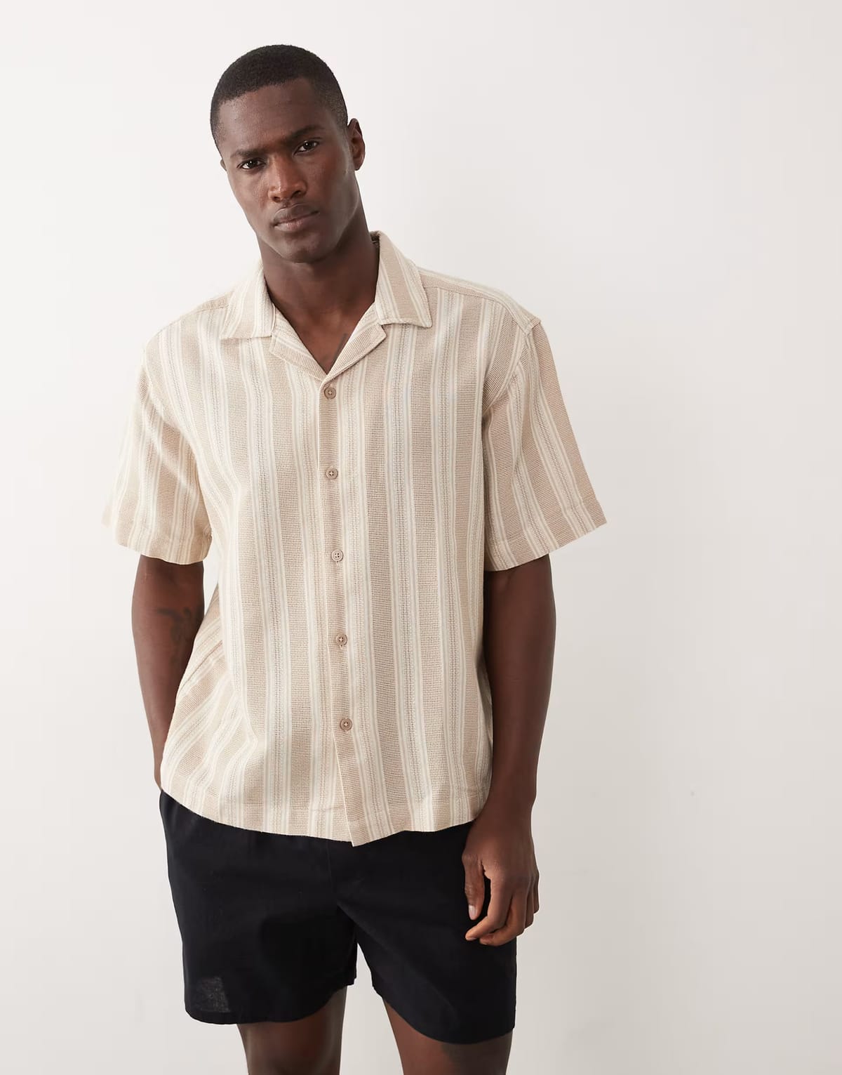 ASOS ONLY & SONS short sleeve relaxed fit knit shirt in tonal cream stripe - 1