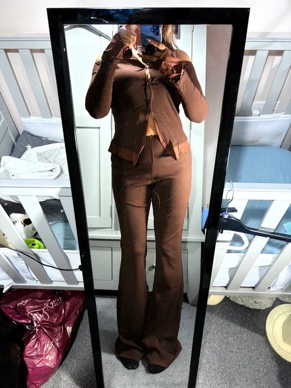 Fashion Nova Fashion nova brown ribbed shirt and flared trousers co ord set outfit size 12