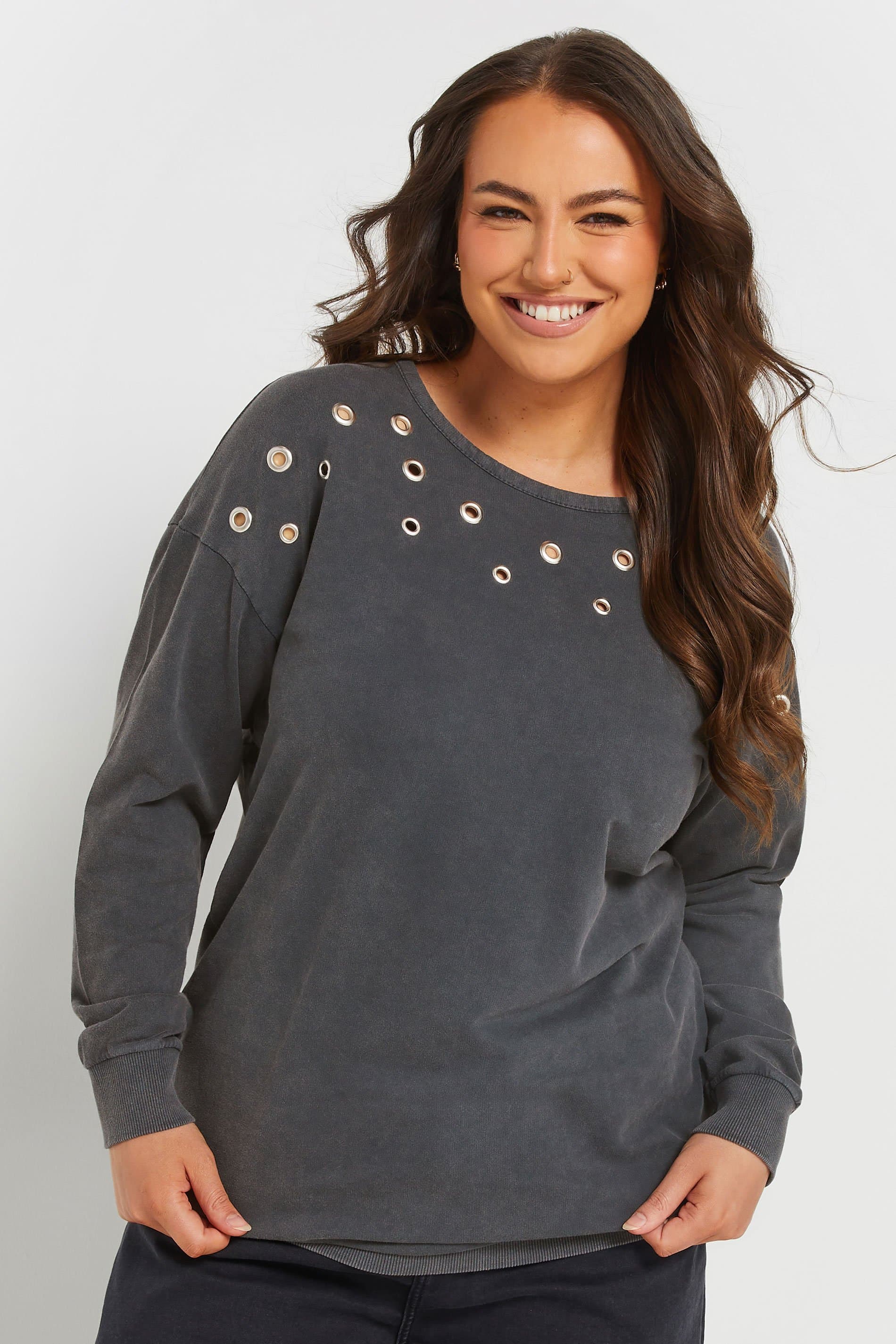 Yours Plus Size Grey Acid Wash Eyelet Sweatshirt
