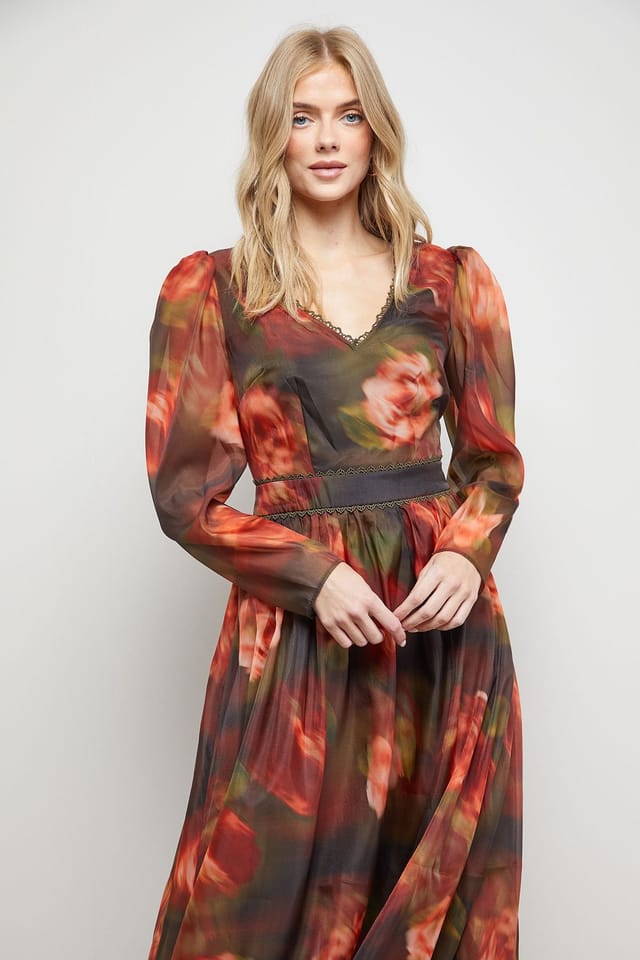 Oasis Oasis Women's V Neck Open Back Long Sleeve Midi Dress in Floral - 2